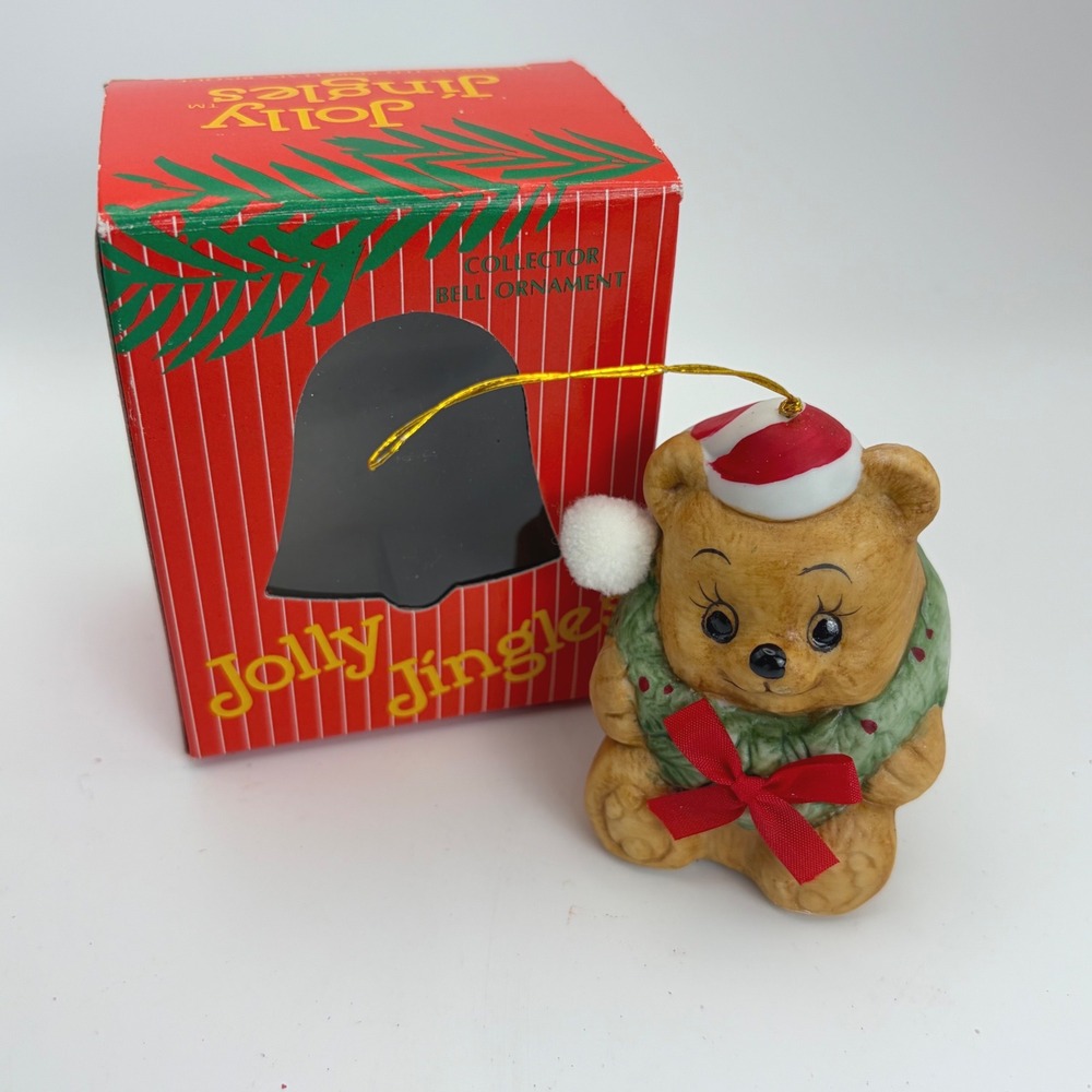 Vintage 1986 Jolly Jingles Ceramic Teddy Bear Christmas‎ Bell Ornament with Box